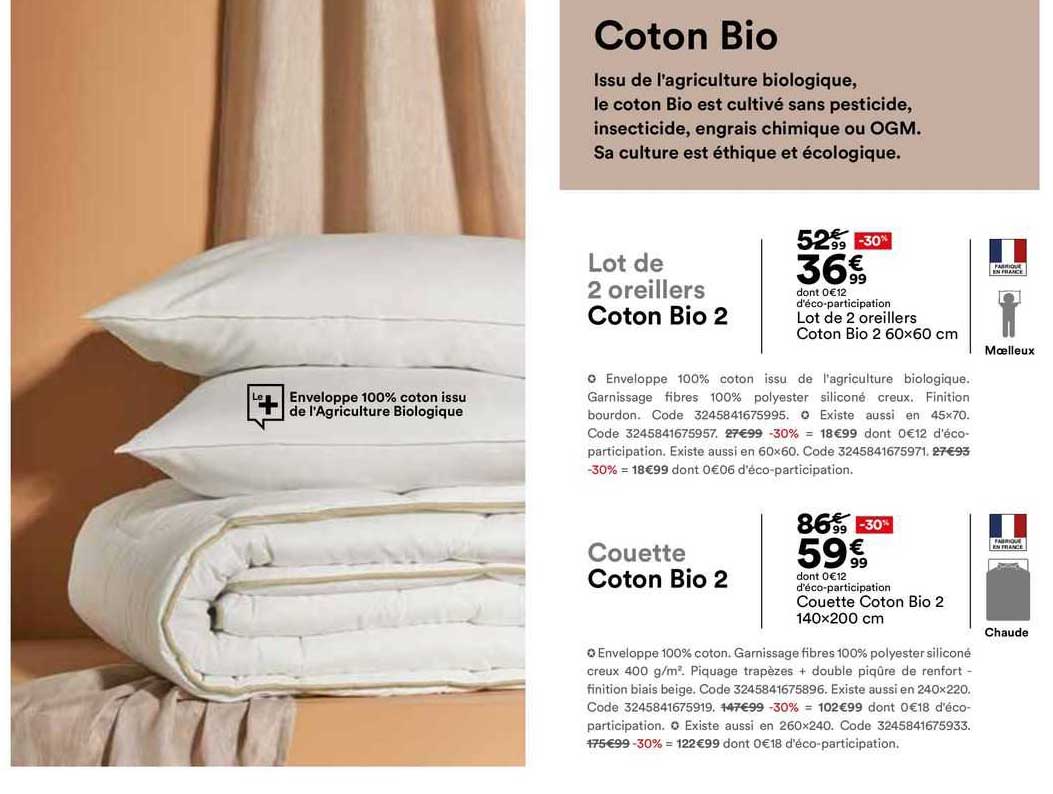lot de 2 oreillers coton bio 2 60x60 cm couette coton bio 2 140x200 cm