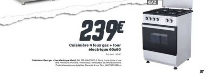 cuisinière 4 feux gaz + four électrique 60x60