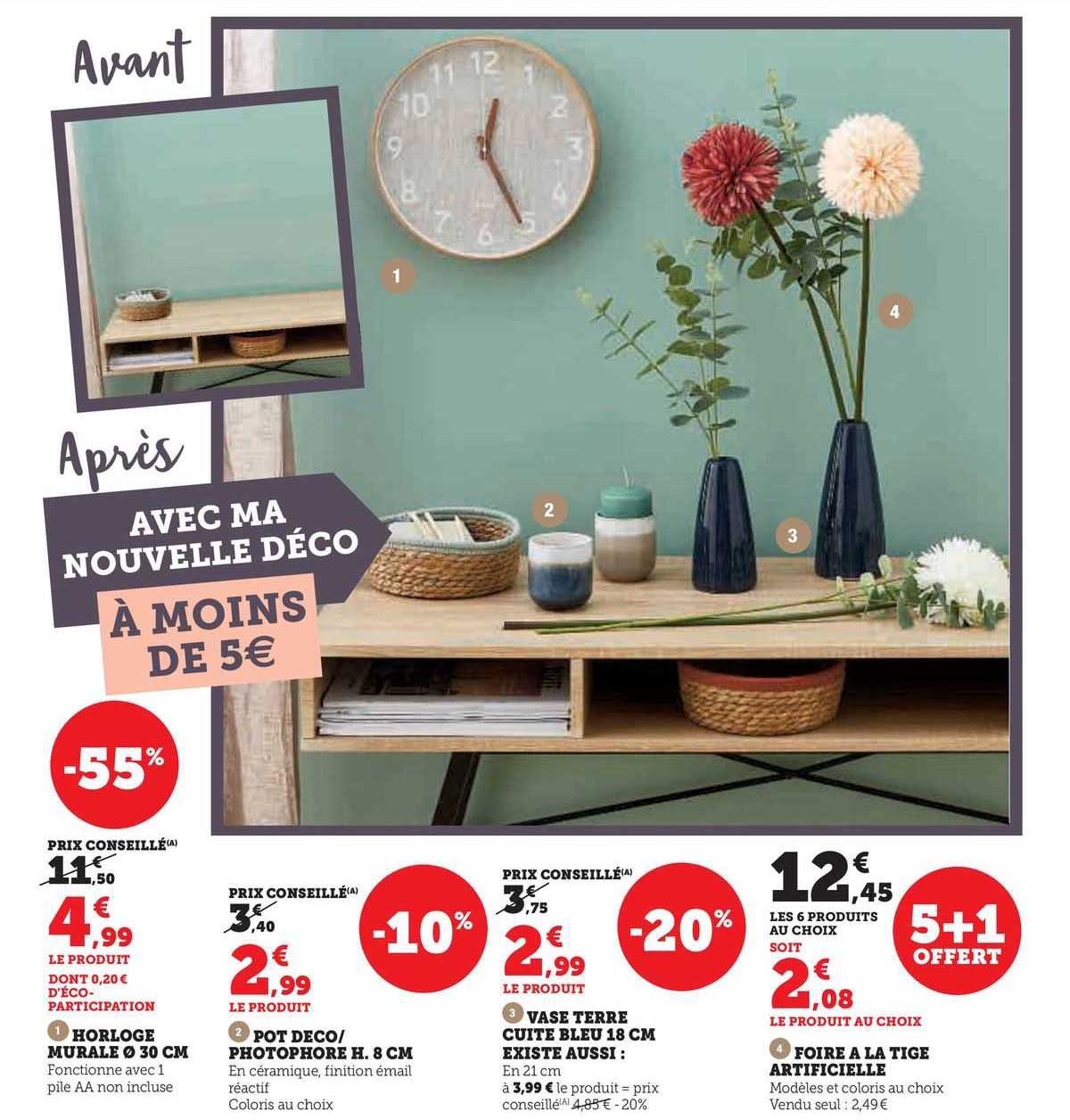 horloge murale ø 30 cm, pot déco/photophore h. 8 cm, vase terre cuite bleu 18 cm, foire à la tige artificielle