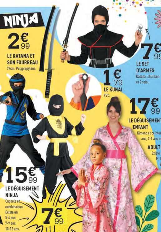 le katana et son fourreau, le déguisement ninja, le déguisement enfant, le set d'armes, le kunai