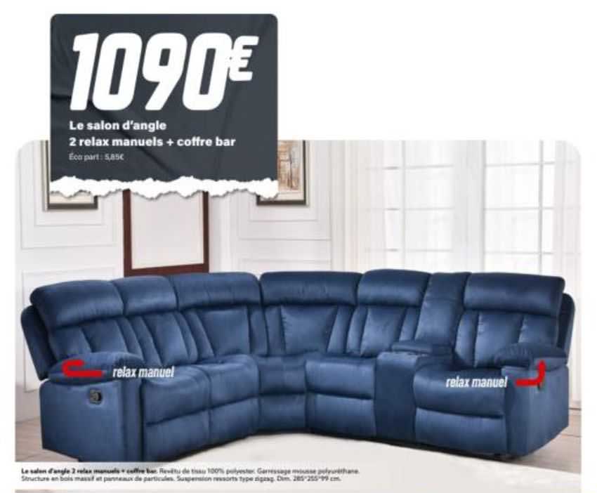 le salon d'angle 2 relax manuels + coffre bar
