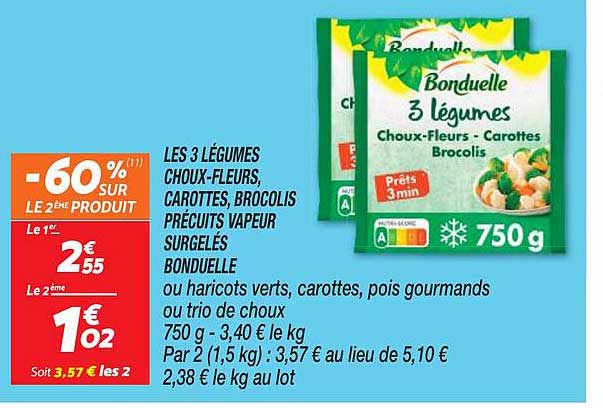 les 3 légumes choux-fleurs, carottes, brocolis précuits vapeur surgelés bonduelle