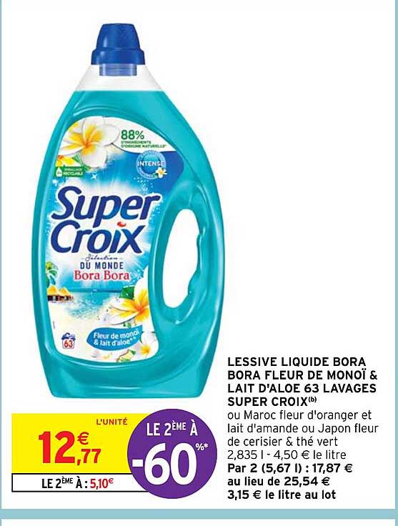 lessive liquide bora bora fleur de monoï & lait d'aloé 63 lavages super croix
