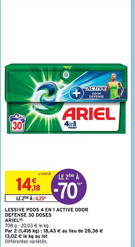 lessive pods 4 en 1 active odor défense 30 doses ariel