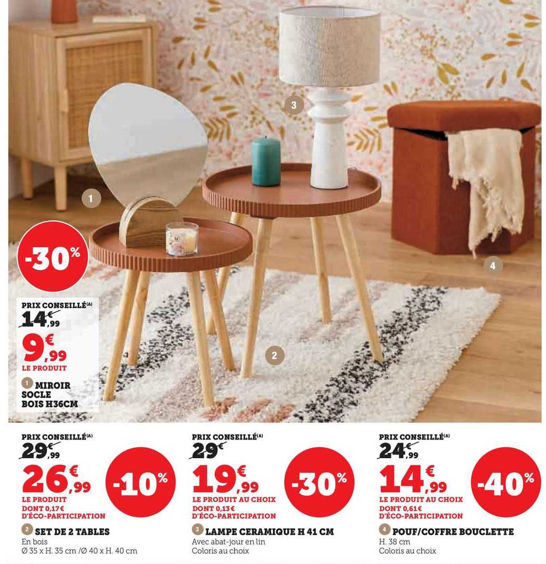 miroir socle bois h. 36 cm, set de 2 tables, lampe céramique h. 41 cm, pouf/coffre bouclette