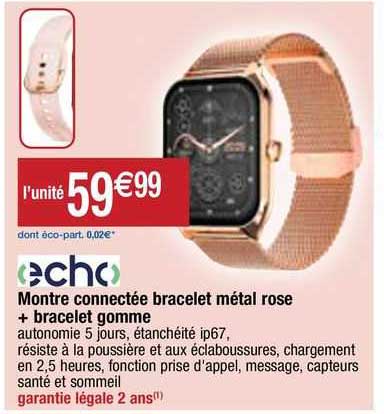 montre connectée bracelet métal rose + bracelet gomme echo