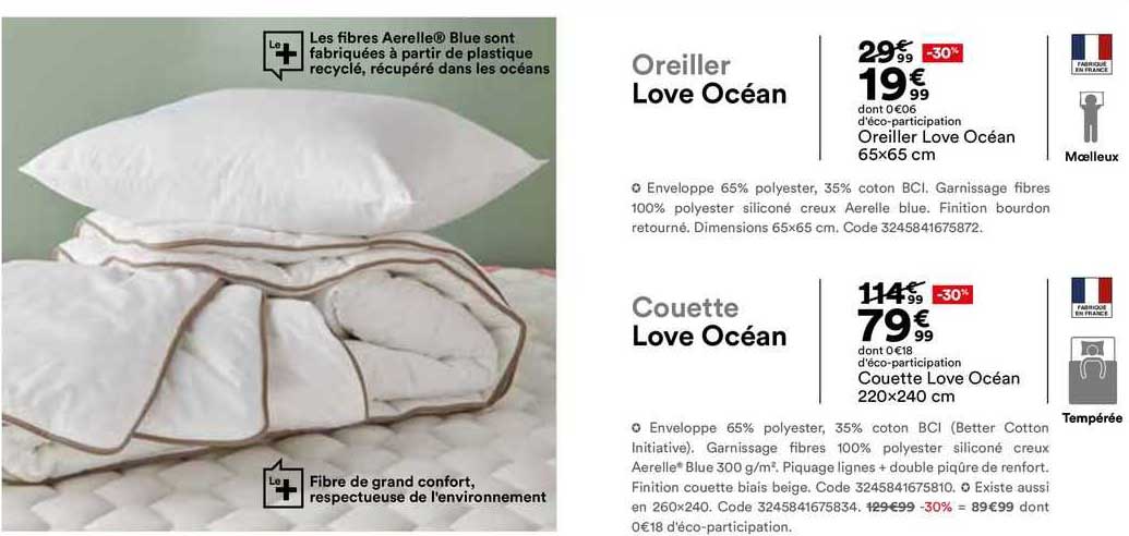 Oreiller Love Océan 65 X 65 Cm, Couette Love Océan 220 X 240 Cm