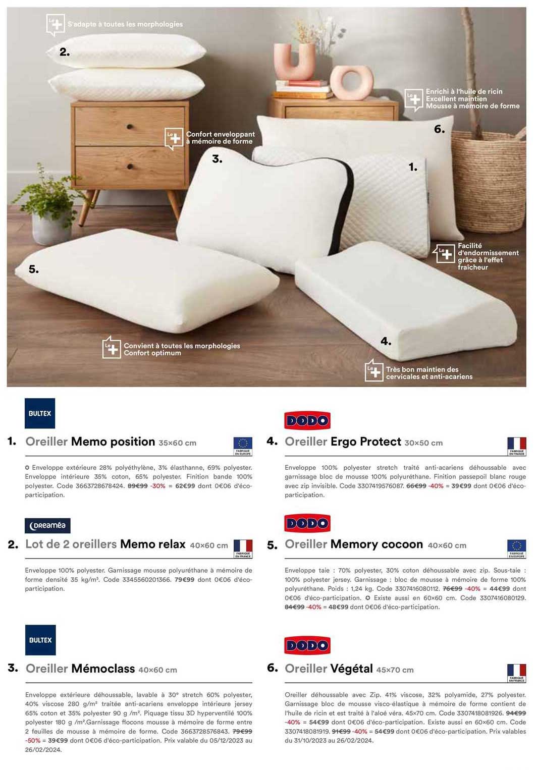 oreiller memo position 35 x 60 cm bultex, lot de 2 oreillers memo relax 40 x 60 cm dreaméa, oreiller mémoclass 40 x 60 cm bultex, oreiller ergo protect 30 x 50 cm dodo, oreiller memory cocoon