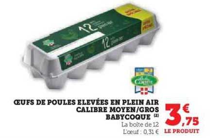 œufs de poules élevées en plein air calibre moyen/gros babycoque