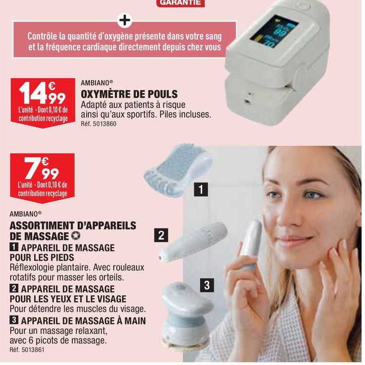 oxymètre de pouls ambiano, assortiment d'appareils de massage ambiano, appareil de massage pour les yeux et le visage, appareil de massage à main