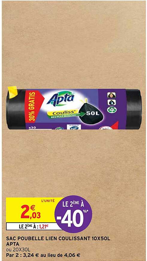 sac poubelle lien coulissant 10 x 50 l apta