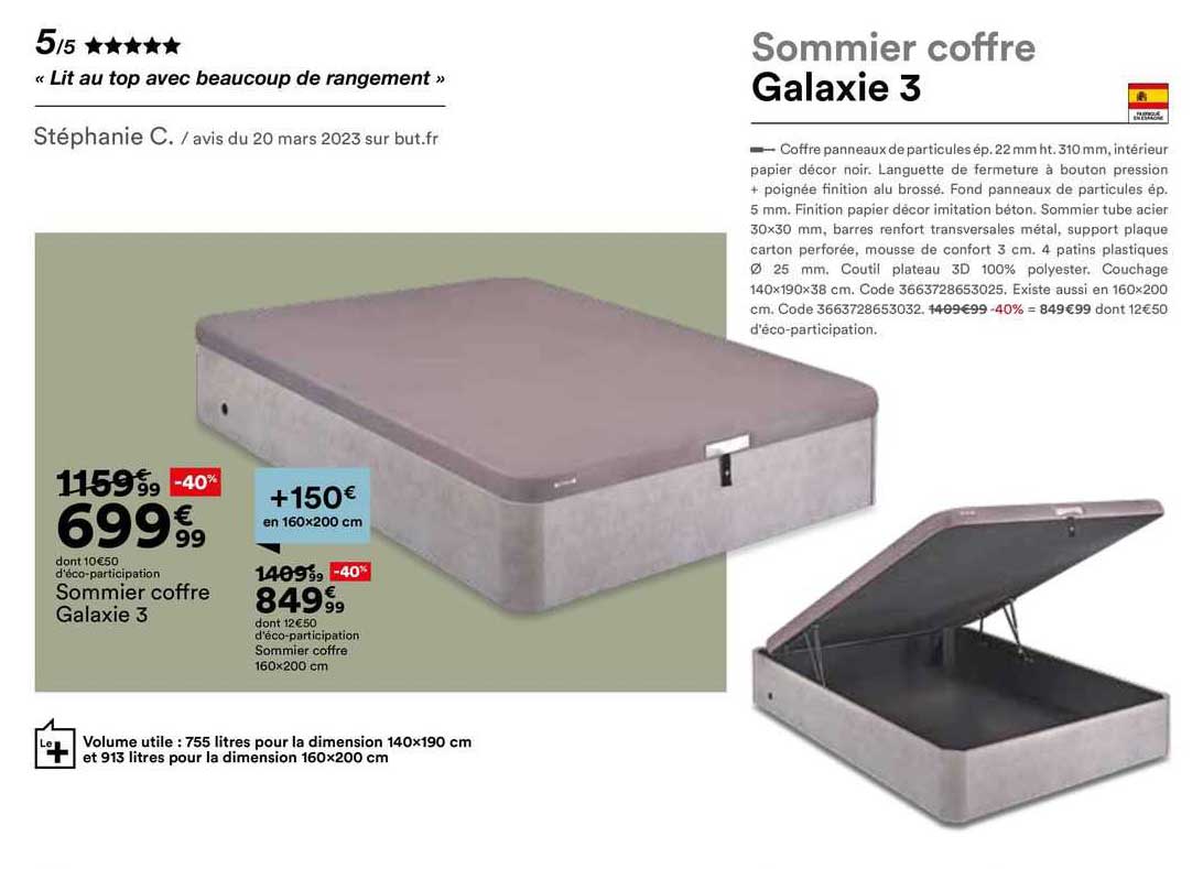 sommier coffre galaxie 3, sommier coffre 160 x 200 cm