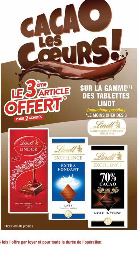 sur la gamme des tablettes lindt le 3ème offert