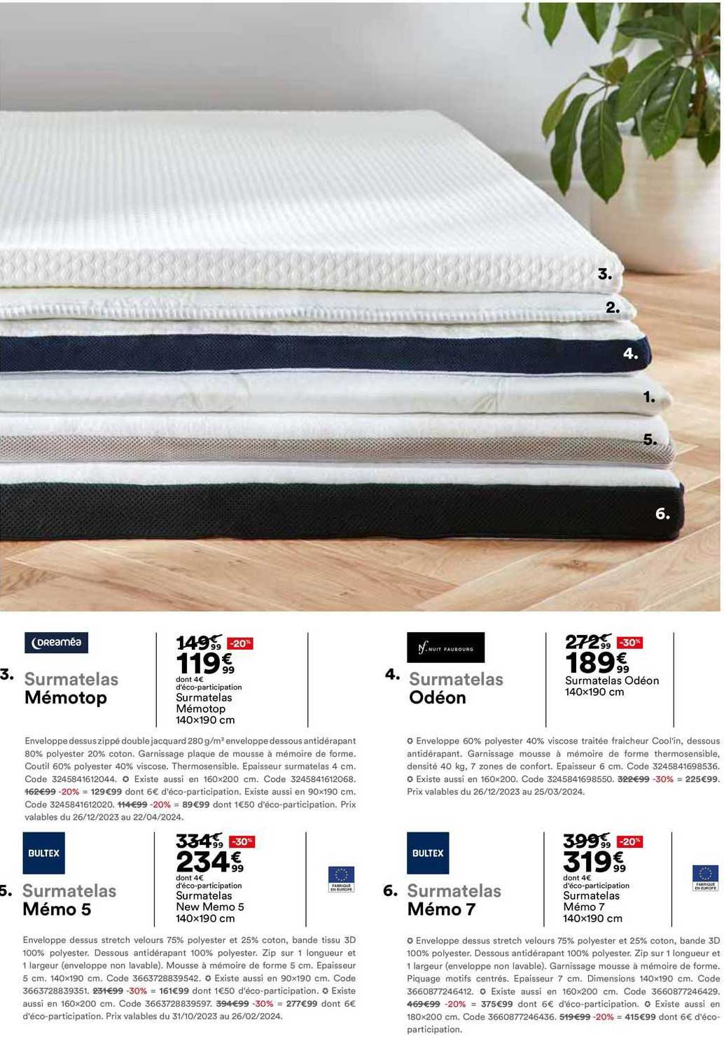 surmatelas mémotop 140 x 190 cm dreaméa, surmatelas odéon 140 x 190 cm nuit faubourg, surmatelas new memo 5 140 x 190 cm bultex, surmatelas mémo 7 140 x 190 cm bultex