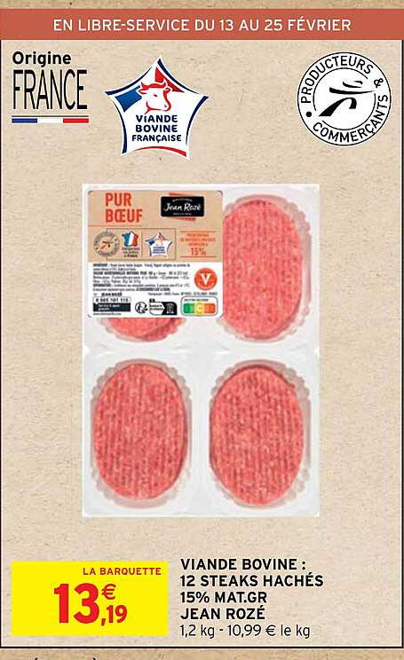 viande bovine : 12 steaks hachés 15% mat. gr. jean rozé