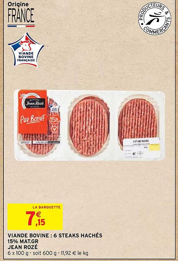 viande bovine : 6 steaks hachés 15% mat.gr. jean rozé