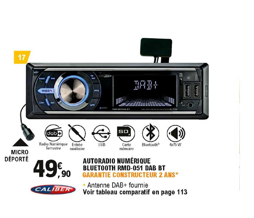autoradio numérique bluetooth rmd-051 dab bt caliber