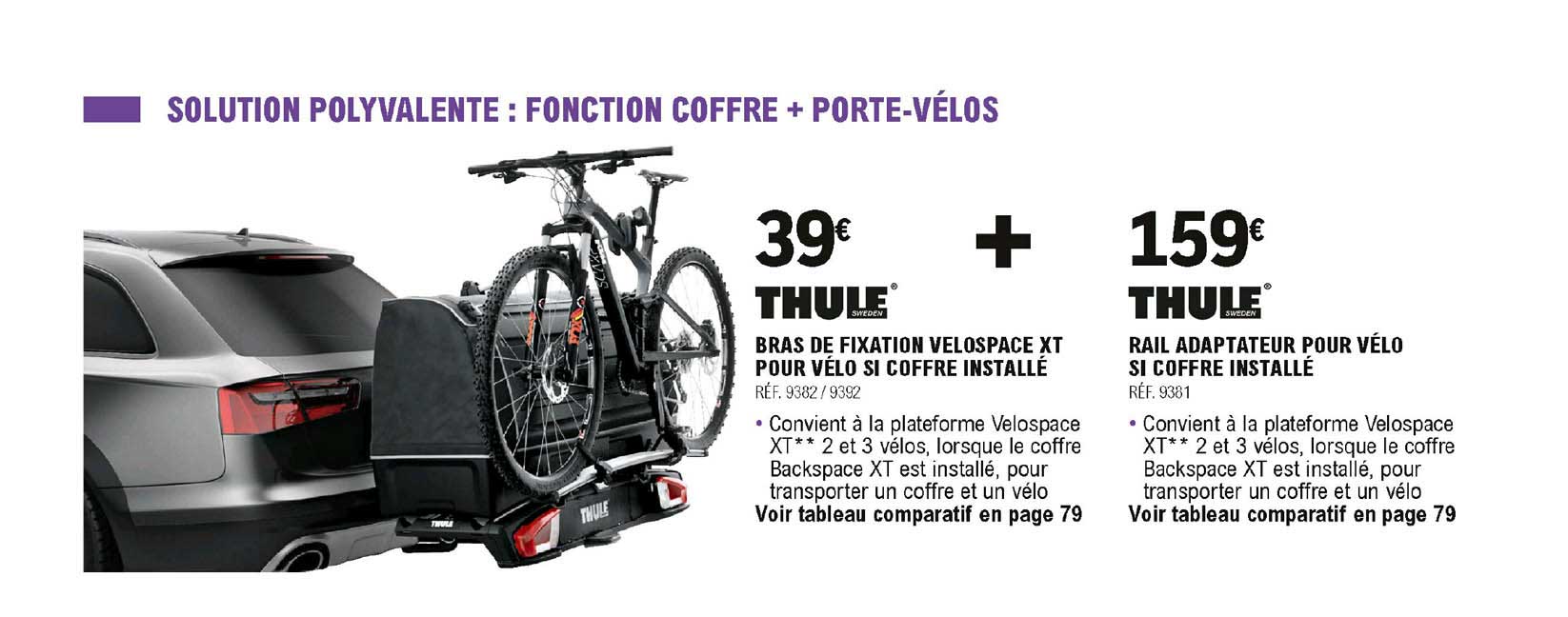 bras de fixation velospace xt pour vélo si coffre installé, rail adaptateur pour vélo si coffre installé