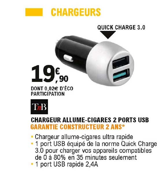 chargeur allume-cigares 2 ports usb tnb