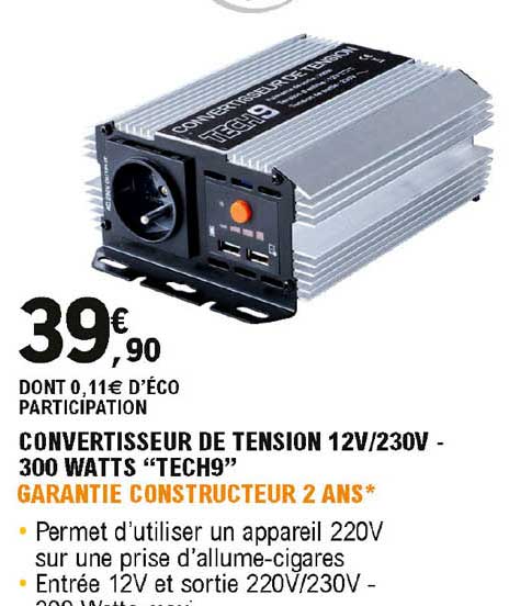 convertisseur de tension 12v-230v - 300 watts "tech9"