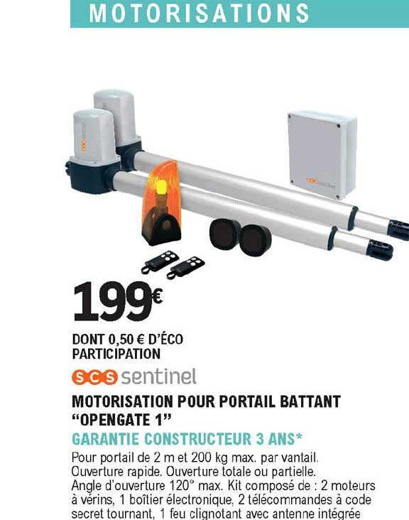 Motorisation Pour Portail Battant "opengate 1" Scs Sentinel