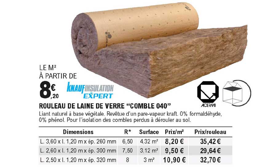rouleau de laine de verre "comble 040"