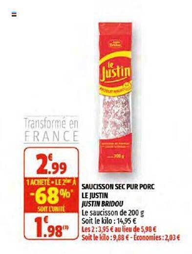 saucisson sec pur porc le justin justin bridou