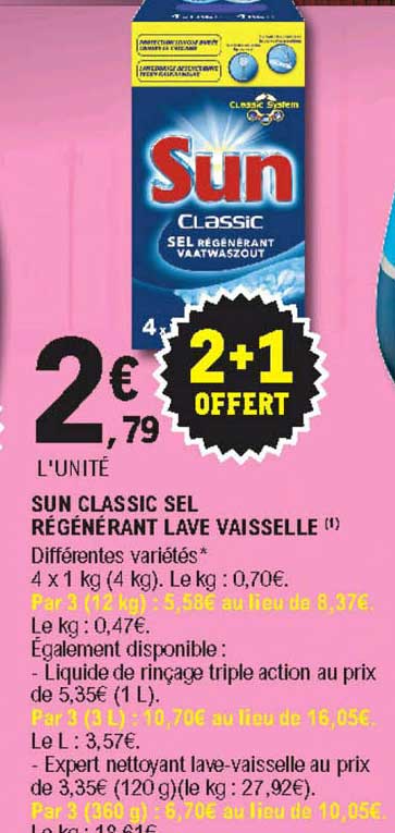 sun classic sel régénérant lave vaisselle 2+1 offert