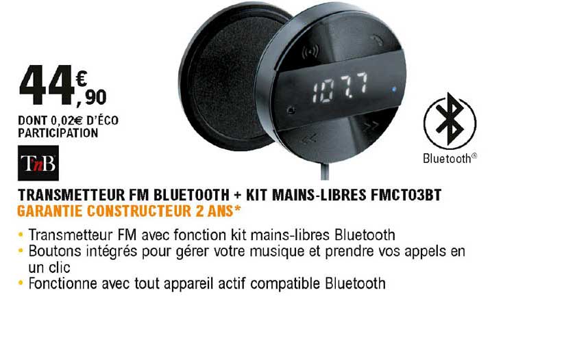 transmetteur fm bluetooth + kit mains-libres fmct03bt t'nb