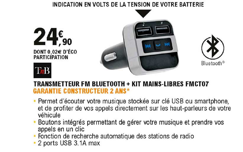 transmetteur fm bluetooth + kit mains-libres fmct07 t'nb