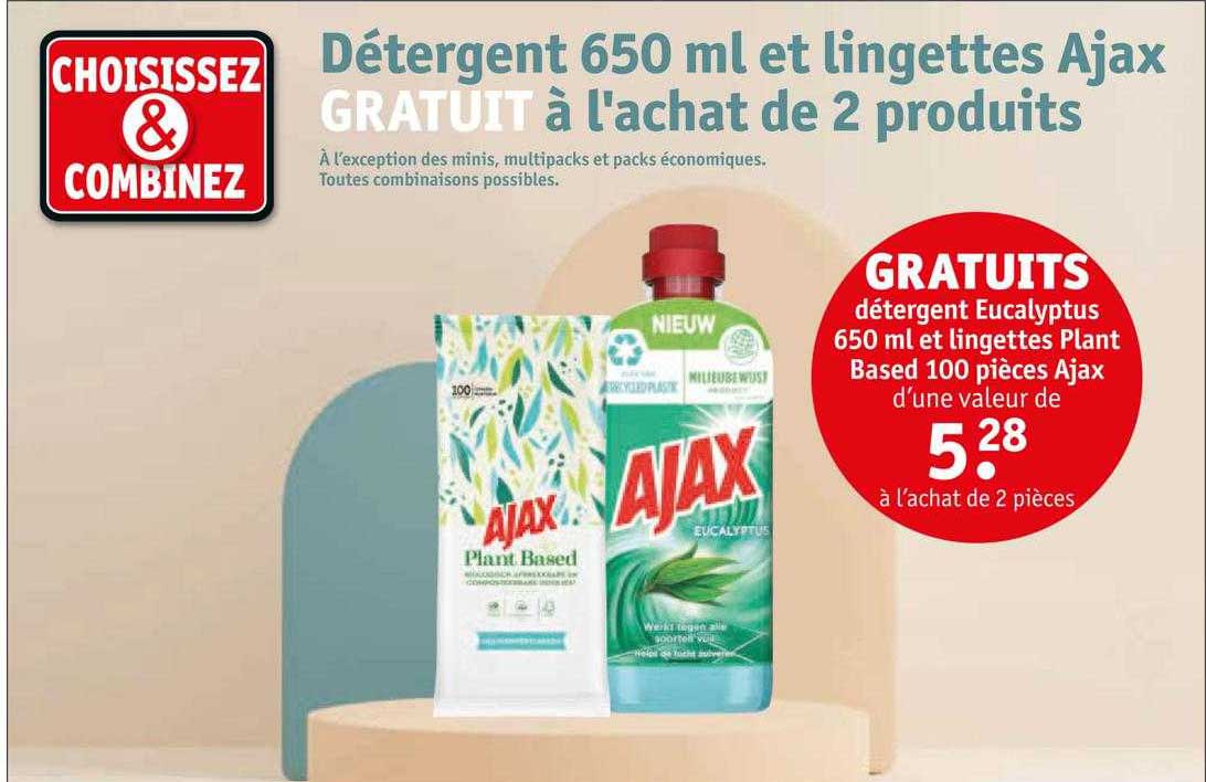 détergent eucalyptus 650ml et lingettes plant based 100 pièces ajax