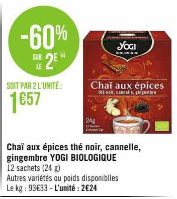 chaï aux épices thé noir, cannelle, gingembre yogi biologique
