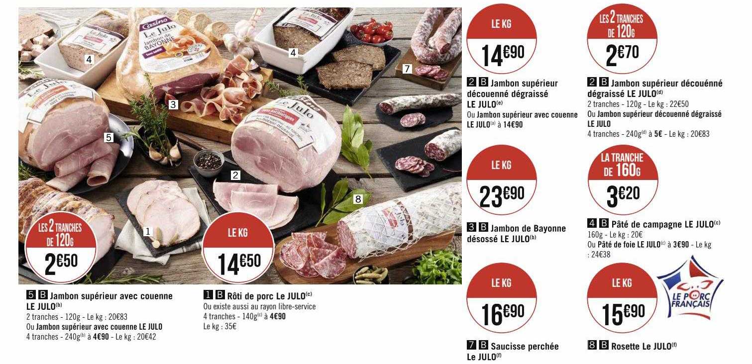 jambon supérieur avec couenne le julo, rôti de porc le julo, jambon supérieur découenné dégraissé le julo, jambon de bayonne désossé le julo,saucisse perchée le julo, rosette le julo, pâté de campagne