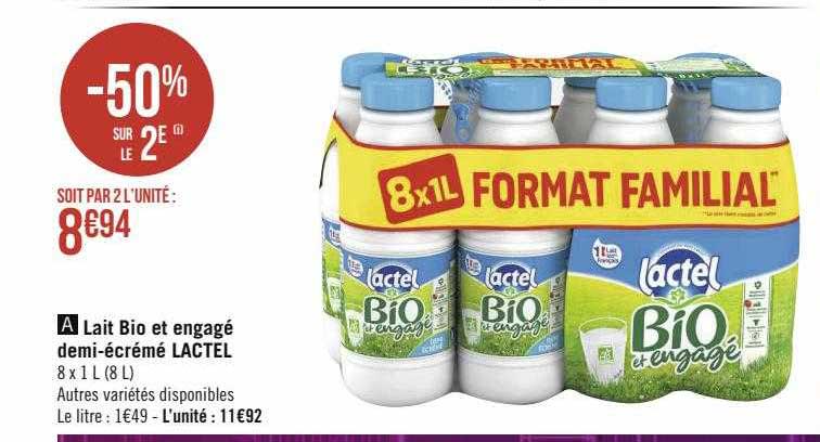 lait bio et engagé demi-écrémé lactel