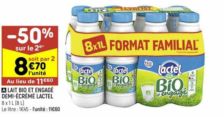 lait bio et engagé demi-écrémé lactel