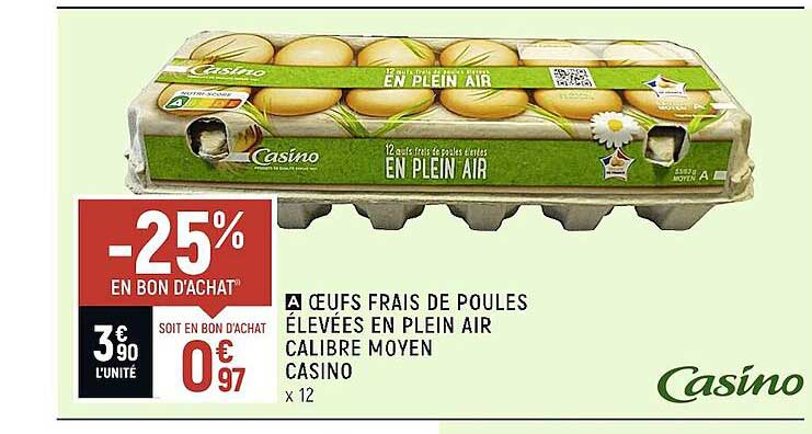 œufs frais de poules élevées en plein air calibre moyen casino