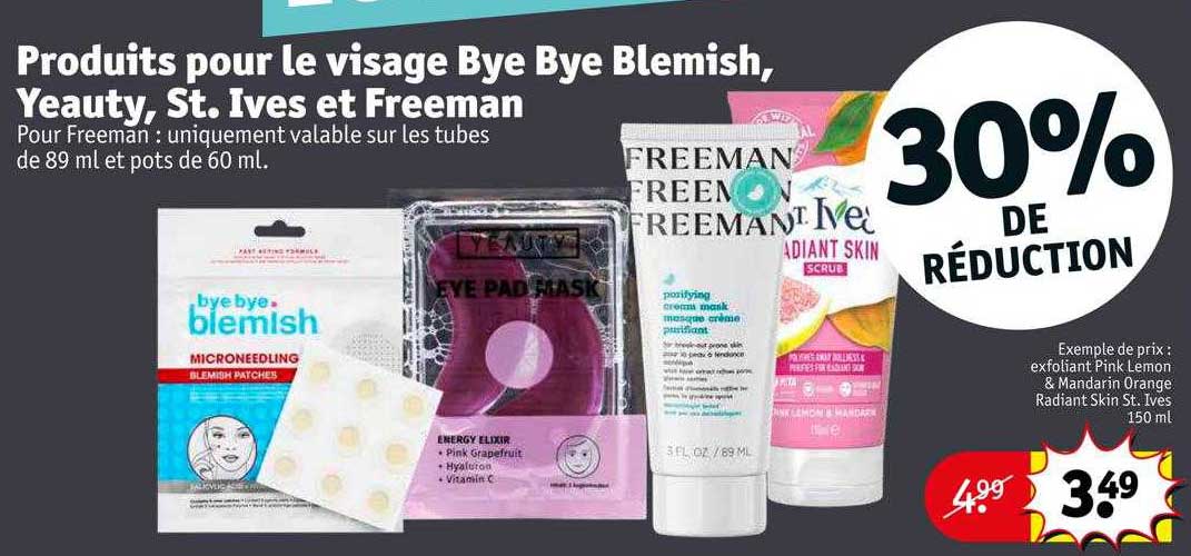 produits pour le visage bye bye blemish, yeauty, st. yves et freeman