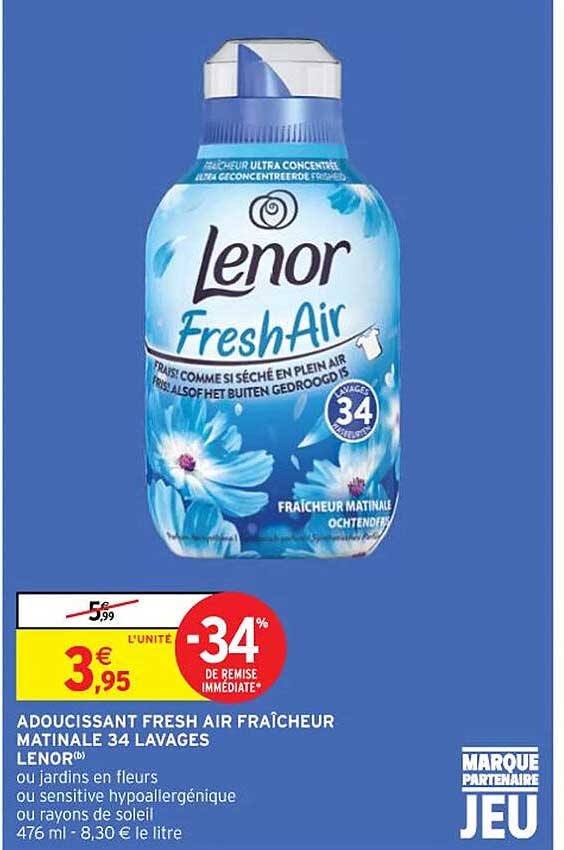 adoucissant fresh air fraîcheur matinale 34 lavages lenor