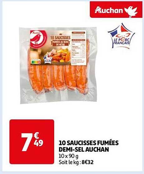 10 saucisses fumées demi-sel auchan