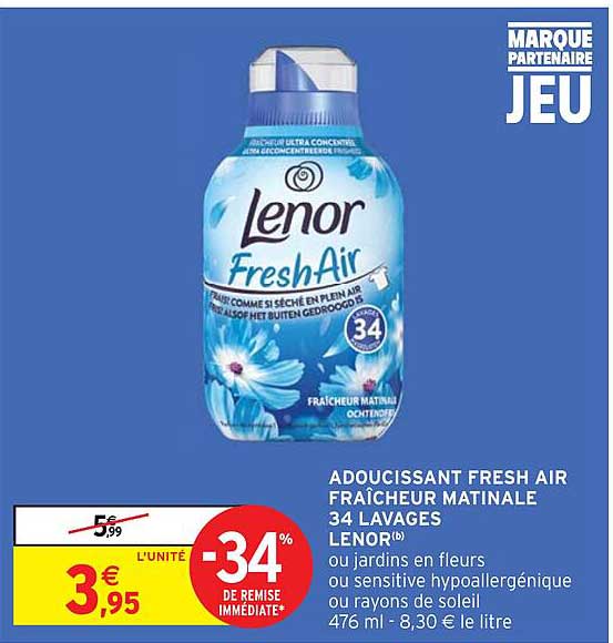 adoucissant fresh air fraîcheur matinale 34 lavages lenor