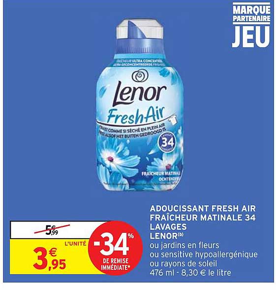adoucissant fresh air fraîcheur matinale 34 lavages lenor