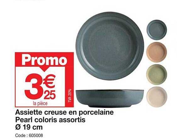 assiette creusé en porcelaine pearl coloris assortis ø 19 cm