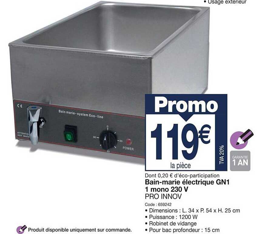bain-marie électrique gn1 1 mono 230 v pro innov