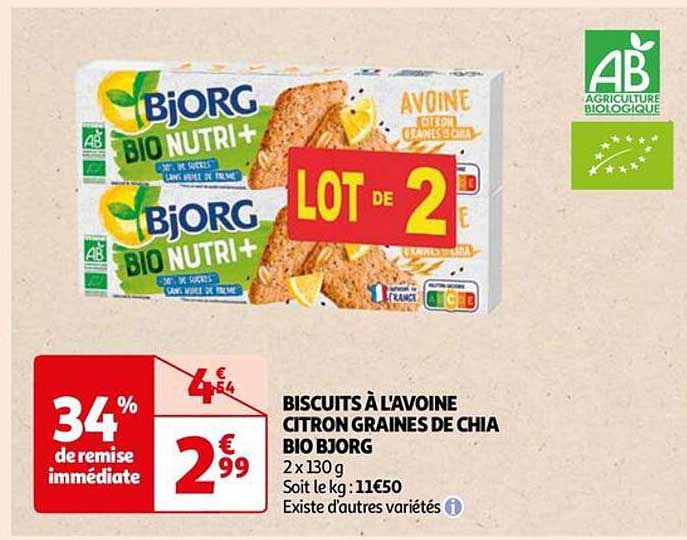 biscuits à l'avoine citron graines de chia bio bjorg
