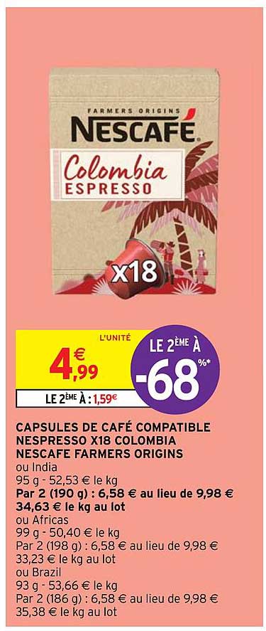 capsules de café compatible nespresso x18 colombia nescafé farmers origins