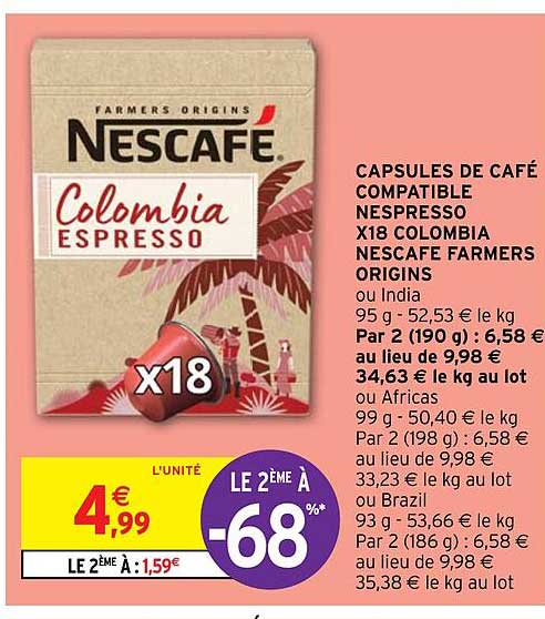 capsules de café compatible nespresso x18 colombia nescafe farmers origins