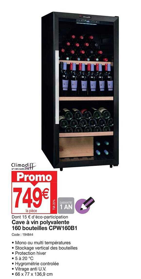 cave à vin polyvalente 160 bouteilles cpw160b1