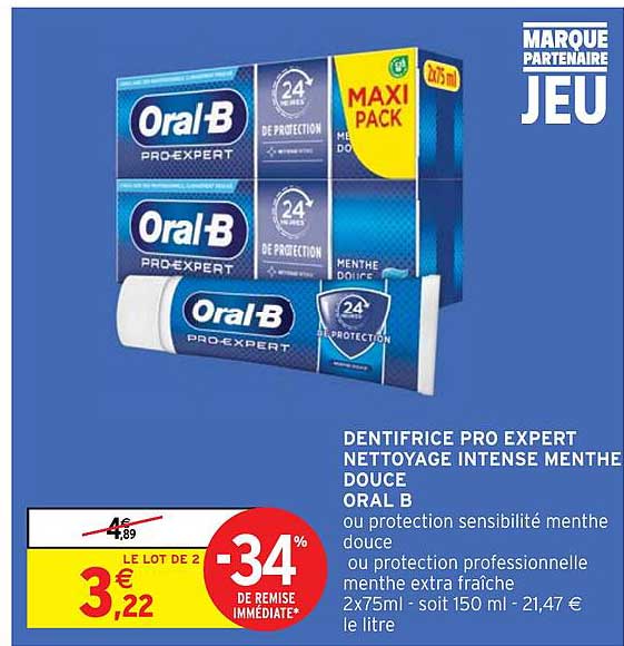 dentifrice pro expert nettoyage intense menthe douce oral b