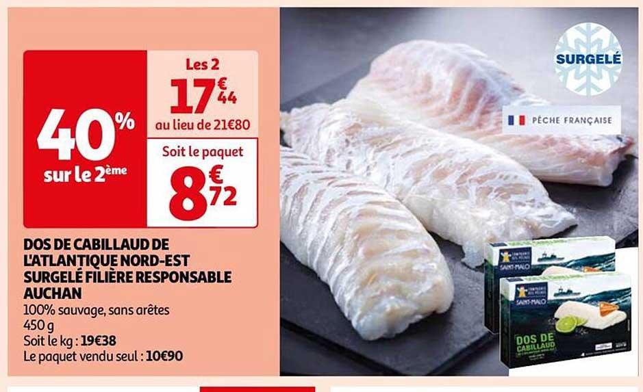 dos de cabillaud de l'atlantique nord-est surgelé filière responsable auchan