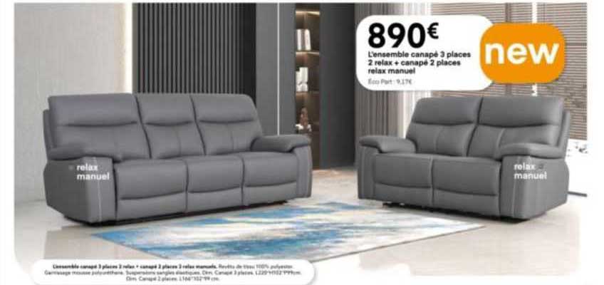 l'ensemble canapé 3 places 2 relax + canapé 2 places relax manuel